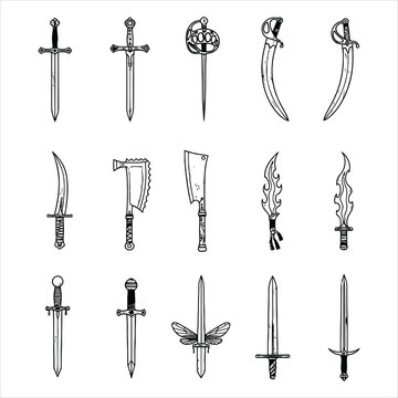 Collection of Diverse Sword and Blade Designs, Illustrated in Black and White Outline Style
