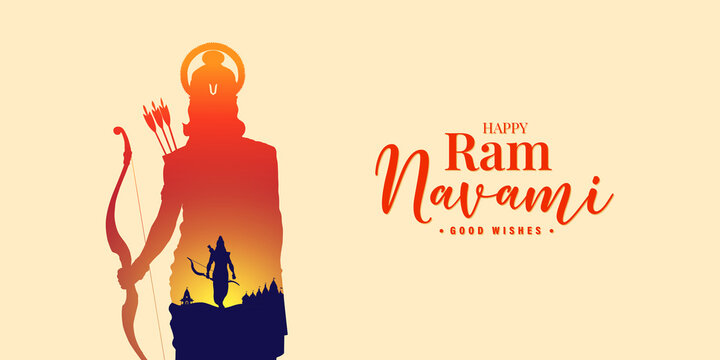 Ram Navami banner good wishes: Rama silhouette with bow image illustration indian festival poster design od, invitation, lord, arrow, celebration, hinduism, religious, tradition, creative