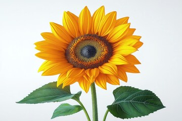 Obraz premium bright cheerful sunflower with vibrant yellow petals, textured dark center, green stem and leaves on a clean white background