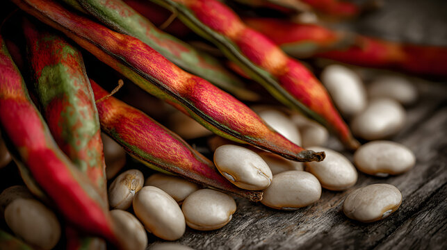 Bean pods and white beans on wooden surface