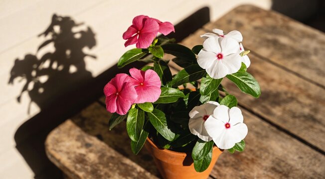 Beautiful potted catharanthus flower on wooden table near light wall