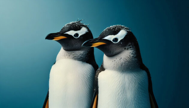 Zwei Pinguine, Paar auf blauem Hintergrund, copy space