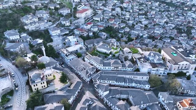 Aerial View of Gjirokast&euml;r&rsquo;s Stone Houses Beneath the Castle. . The historic townscape reflects its UNESCO-protected heritage and distinctive Ottoman-era architecture. Gjirokast&euml;r, Albania 11/28/2025