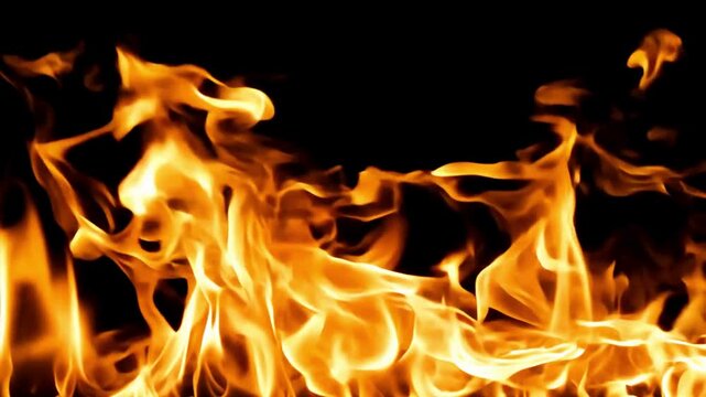 Wide Horizon Fire Flames on Black. A wall of raging orange flames burning at the bottom of the frame. Great for lower-third fire effects or dramatic borders.