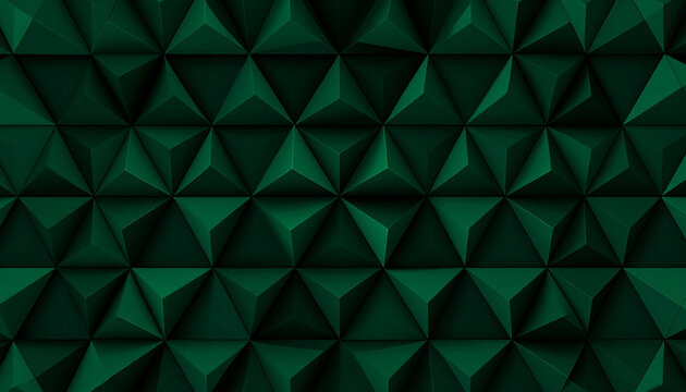Dark green geometric 3D triangle pattern with depth and symmetry. Modern abstract wall texture perfect for corporate branding, tech backgrounds, presentations and luxury design concepts.