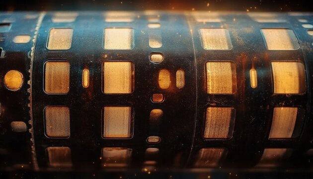 close-up of a vintage movie film strip wound on a reel with glowing golden frames, sprocket holes and dust particles evoking nostalgic cinematic warmth