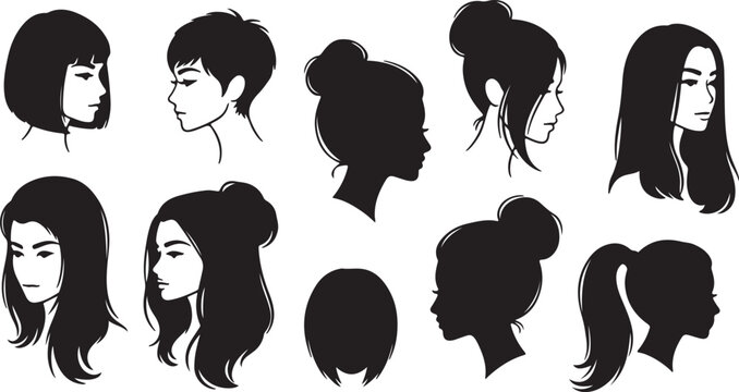 Set of Different Female Hairstyles Vector Illustration. Women Head Profiles and Silhouettes. isolated PNG with Transparent Background