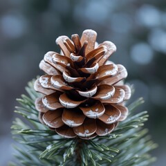 Fototapeta premium Macro close-up of pinecone covered in snow on pine tree branch