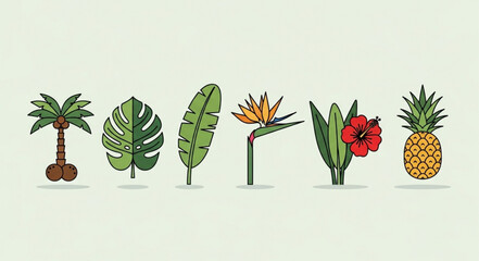 Tropical plants and fruits illustration, perfect for summer and vacation themes. © Iyan