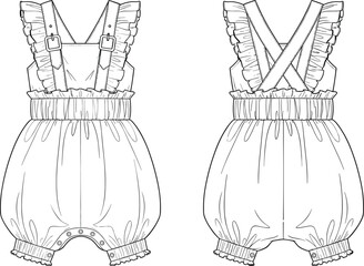 Baby romper technical sketch, front back view, ruffled strap design, gathered waistline, pleated trim artwork, children&rsquo;s clothing fashion illustration