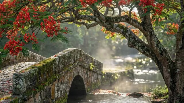 fire tree. A serene stone bridge arches over gentle waters, framed by vibrant red flowers and lush greenery, creating a tranquil atmosphere in a misty landscape