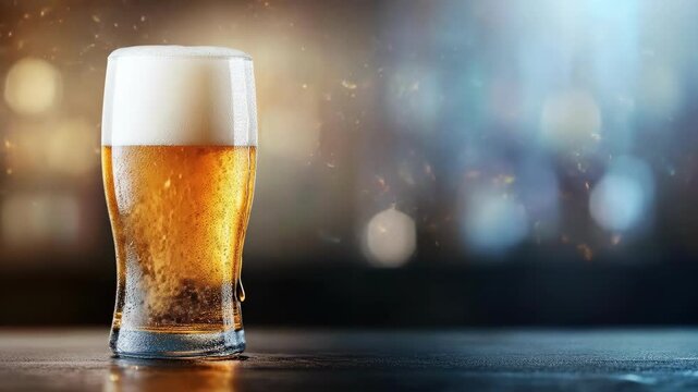 Chilled pint of amber beer with foam in dimly lit bar setting. Saint Patrick's Day, St Paddy's Day, St Patty's Day - Irish National Holiday and Cultural Celebration