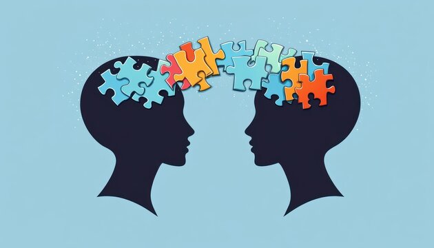 Two silhouetted human profiles facing each other with colorful puzzle pieces bridging their open heads, conveying connection, shared thinking, empathy and collaboration