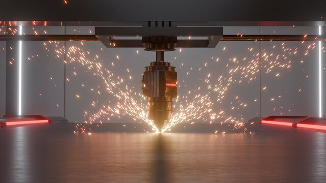Industrial laser cutting of sheet metal on modern factory equipment, bright sparks, metal production shop, neon. 3D rendering