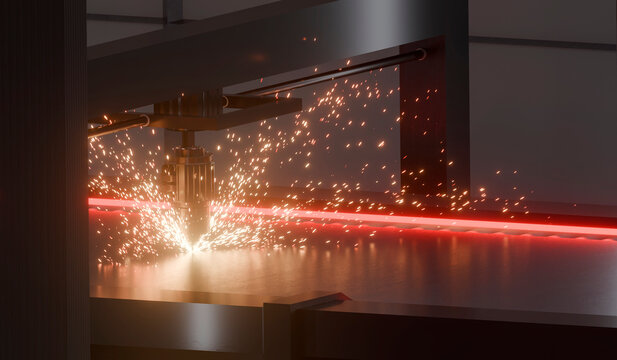 Industrial laser cutting of sheet metal on modern factory equipment, bright sparks, metal production shop, neon. 3D rendering