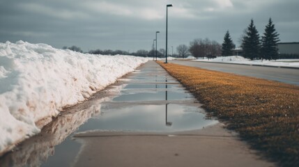 Urban Sidewalk Shows Melting Snow and Puddles During Early Spring Thaw Under a Soft Overcast Sky