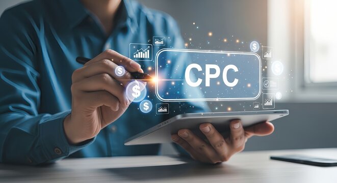 Businessperson analyzing cost per click metrics on tablet