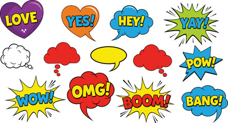 Comic speech bubbles set pop art text effects vector illustration love wow boom bang collection design © Hello World