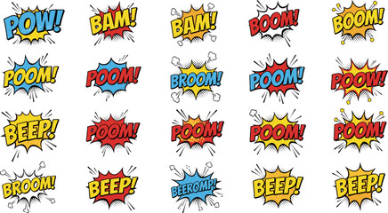 Comic sound effects set pop art explosion speech bubbles vector illustration colorful retro boom bam beep collection © Hello World