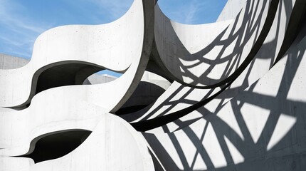 A modern building with unique curved design and shadows on a sunny day