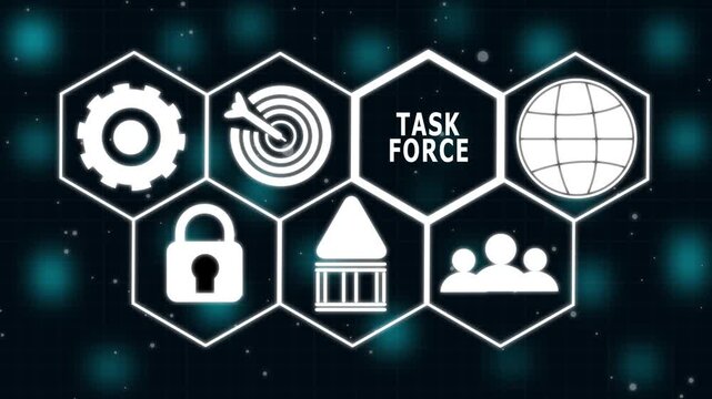 Task Force concept button. Hi tech motion graphic background, white flickering dots on dark background. 4K video motion graphic