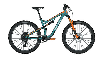 Fototapeta premium Teal and orange full suspension mountain bike, isolated on white background