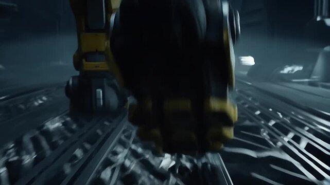 Mighty mech footsteps in a futuristic industrial corridor, sci-fi walking action robot mecha, android.