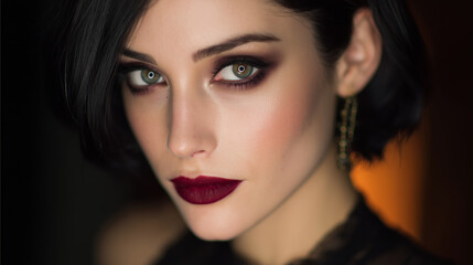 Fototapeta premium Evening makeup with dramatic smokey eyes, bold eyeliner, deep red lipstick, low warm lighting