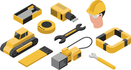 Isometric construction equipment and safety gear set, bulldozer, tools, hard hat and industrial machinery illustration © Md Golam Shahariyar