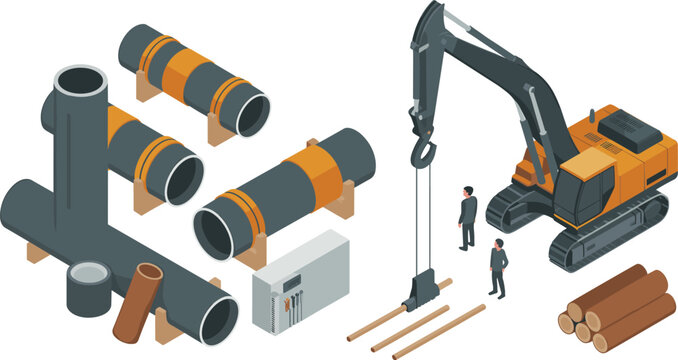 Isometric construction machinery and pipeline installation set, excavator crane, concrete pipes and industrial workers illustration