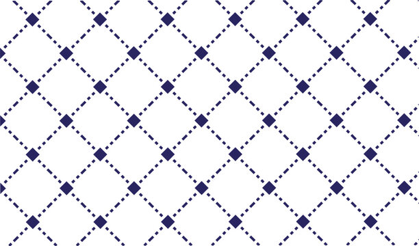 Blue diamond grid seamless pattern on grey background with dotted lines creating geometric lattice texture for decorative wrapping paper or fabric textile vector design