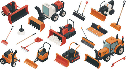 Isometric snow removal equipment set, winter snowplow machines, snow blower, shovel and rake tools collection illustration isolated © Md Golam Shahariyar
