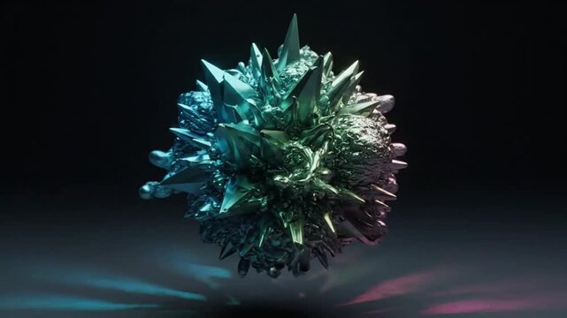 Biomechanical crystalline entity rotating, iridescent metallic surface  