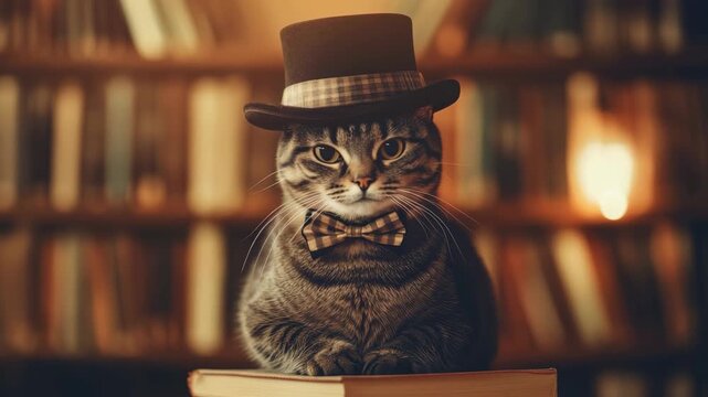 Charming cat in bow tie and top hat pondering in cozy library setting