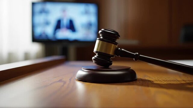 A wooden gavel rests on a courtroom desk, with a blurred virtual legal conference on a TV screen. Modern justice.
