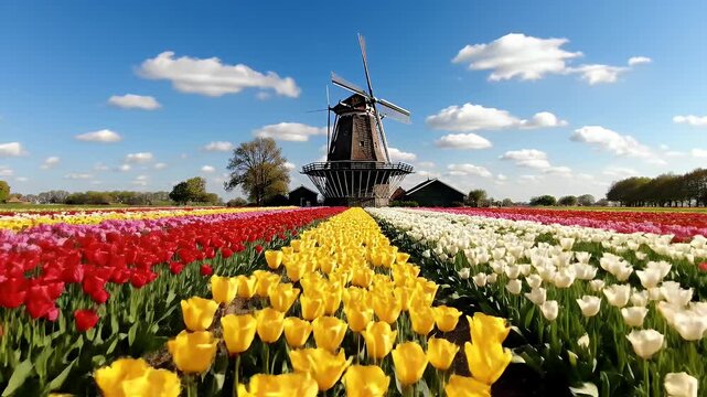 A vibrant and colorful tulip field stretches towards a traditional windmill under a bright blue sky dotted with fluffy white clouds.
