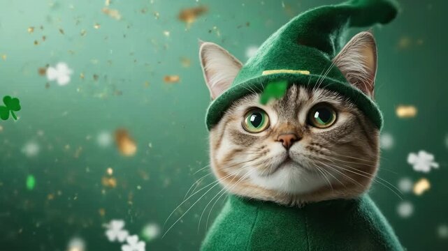 Cute cat wearing green hat with shamrock background for st. patrick's day celebration. Saint Patrick's Day, St Paddy's Day, St Patty's Day - Irish National Holiday and Cultural Celebration