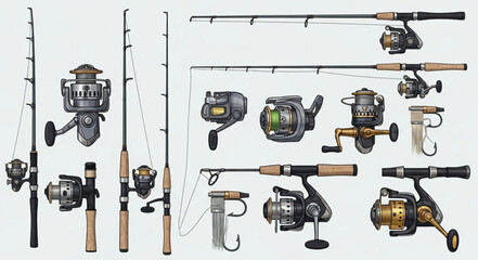 Collection of fishing rods and reels, various sizes and designs, ready for angling adventures. © Nafa