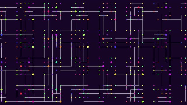 Abstract colorful network nodes and lines on dark background technology footage