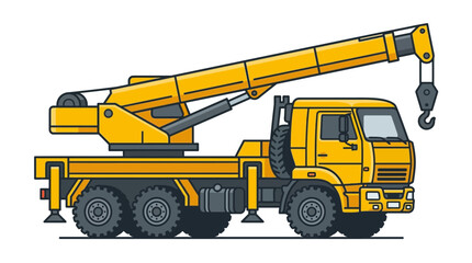 Fototapeta premium Yellow mobile crane truck with extended boom and hook, isolated on white background.