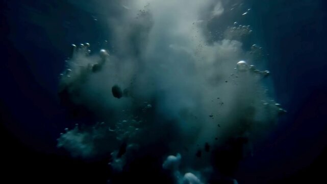 Underwater Explosion with Bubbles. Cinematic deep-sea explosion featuring a bright fire burst followed by dense white bubbles.