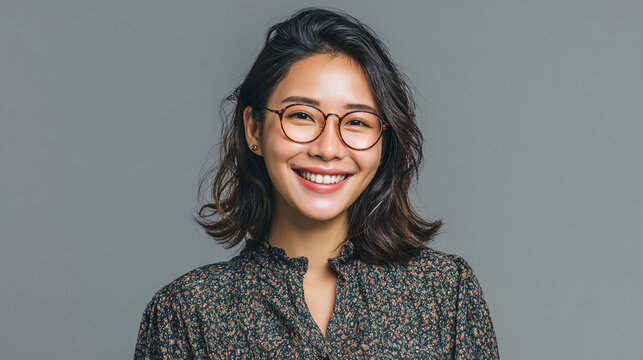 asian businesswoman wearing glasses in clean headshot on gray background with pleasant smile confident posture and stylish professional appearance for corporate use