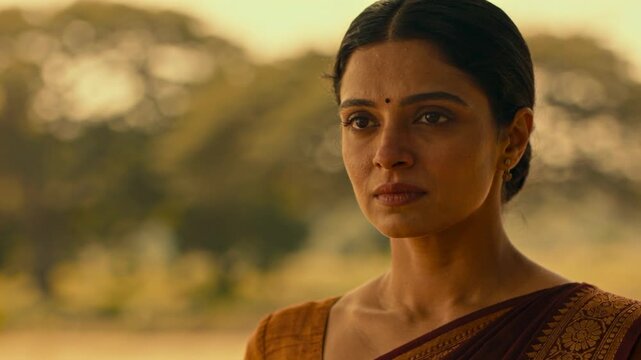 Listening to off-camera voice, Indian woman in maroon sari and bindi shifting gaze at rural field