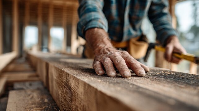 Close-up of a skilled carpenter's calloused hand resting on a large wooden beam at a house construction site