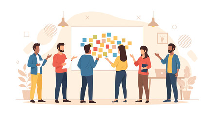 Diverse team brainstorming ideas on sticky notes board, collaborative business strategy