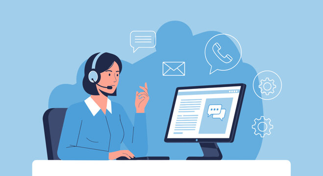 Customer Support Agent with Headset and Computer, Online Communication and Assistance