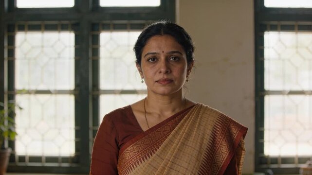 Starting camera recording Indian woman standing facing lens in office in saree and bindi for ID