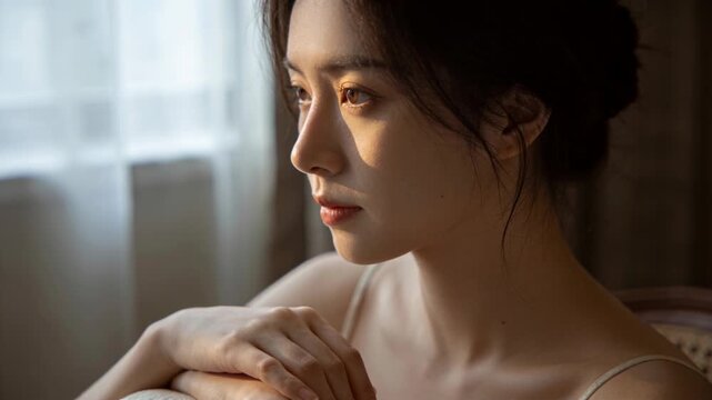 Gazing adult Asian woman shifting gaze, adjusting hands by window, responding to light on camisole