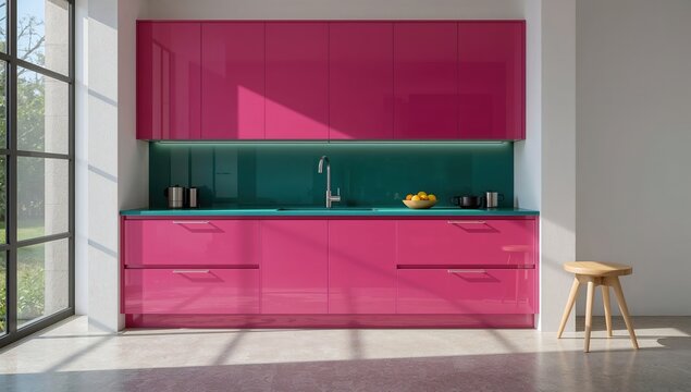 Modern pink kitchen interior with glossy cabinets, teal backsplash, sunlight, minimalist stool, and fresh citrus bowl