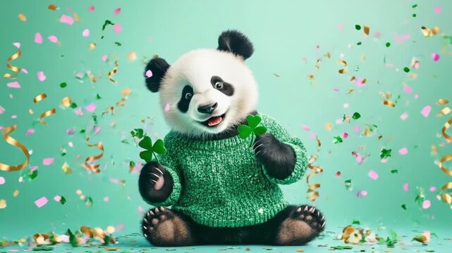 Adorable panda wearing green sweater with clovers and confetti on colorful background. Saint Patrick's Day, St Paddy's Day, St Patty's Day - Irish National Holiday and Cultural Celebration